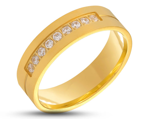 Gold Titanium Ring With Square Edge - With Cubic Zirconias | 6mm