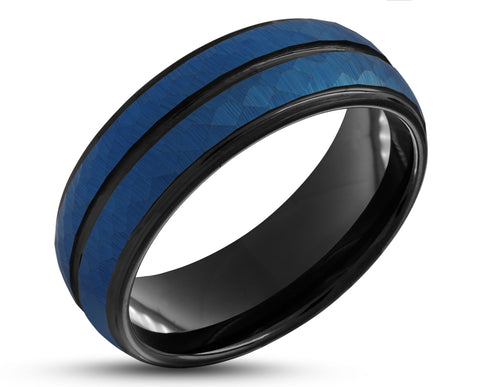 Black Tungsten Ring With Black Inlay - Blue Hammered Stripes | 8mm