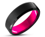 Black Tungsten Ring With Pink Inlay - Bevelled Edges | 8mm