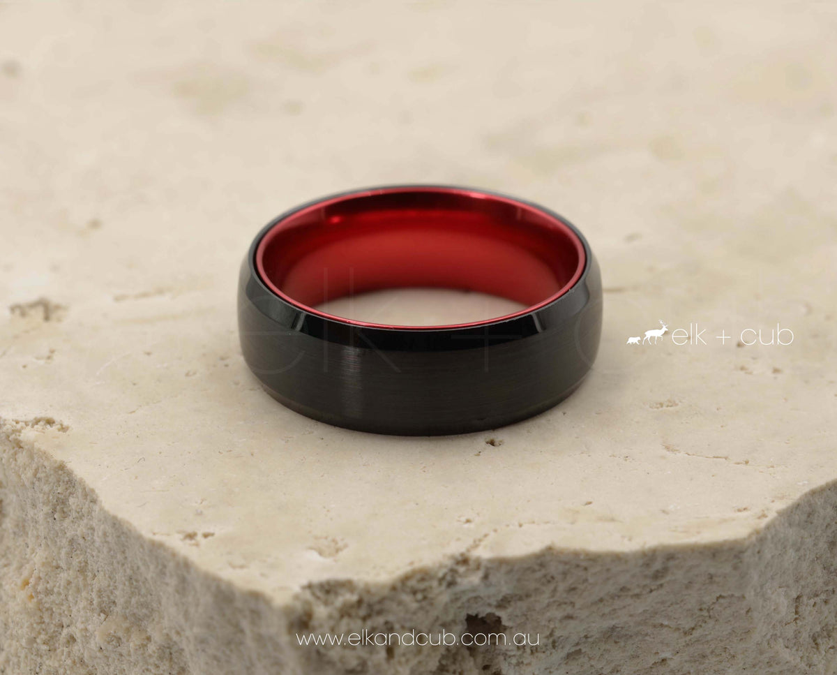 Black Tungsten Ring With Red Inlay Mens Wedding Ring Elk and Cub