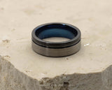 Silver and Black Tungsten Ring With Blue Inlay - Black Stripe | 8mm