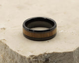 Black Tungsten Ring With Koa Wood Stripe - Bevelled Edges | 8mm