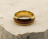Gold Tungsten Ring With Koa Wood Stripe - Curved With Gloss Finish | 8mm