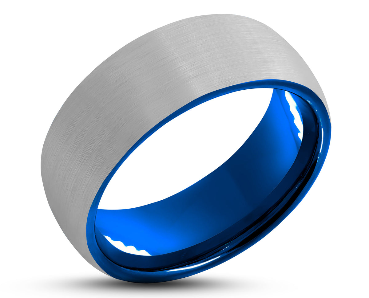 Silver Tungsten Ring With Blue Inlay Curved Brushed Finish 8mm