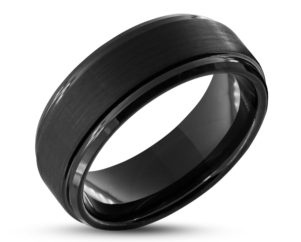Black Tungsten Ring Stepped Edges Mens Wedding Ring Elk and Cub