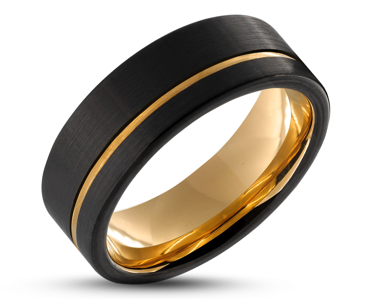 Black Tungsten Ring With Gold Inlay Brushed With Gold Stripe 8mm