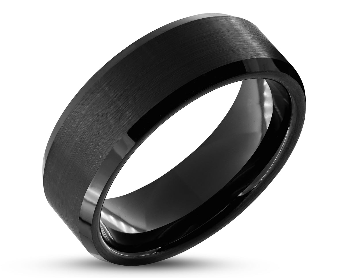 Black Titanium Ring With Black Inlay Bevelled Edges 8mm