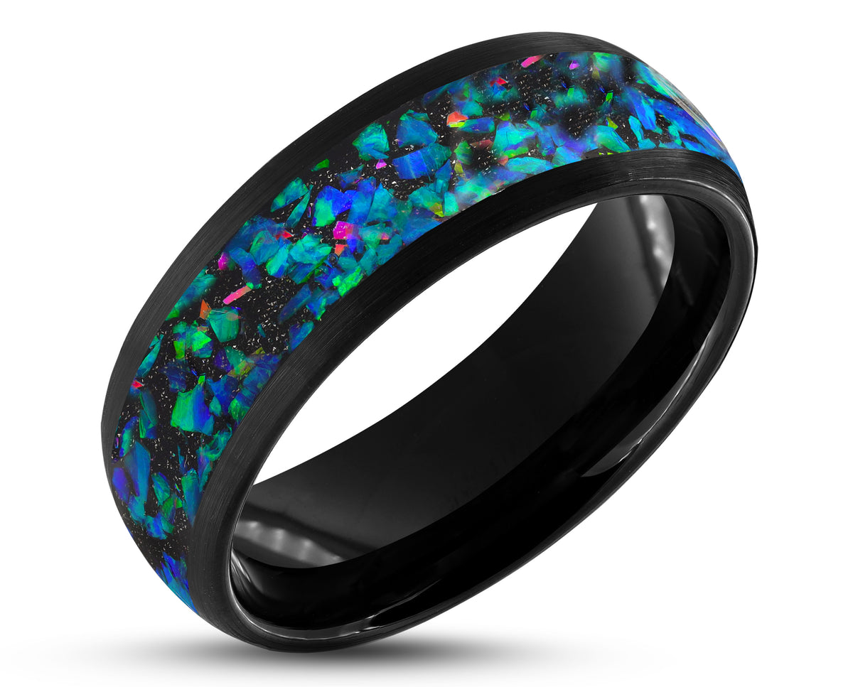 Black Tungsten Ring With Opal Mens Wedding Ring 8mm Elk and Cub