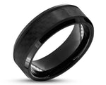Black Tungsten Ring With Carbon Fibre Stripe - Bevelled Edges | 8mm