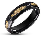 Black Tungsten Ring With Black Inlay - Curved With Gold Leaf | 6mm