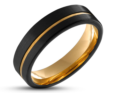 Black Tungsten Ring With Gold Inlay - Brushed With Gold Stripe | 6mm