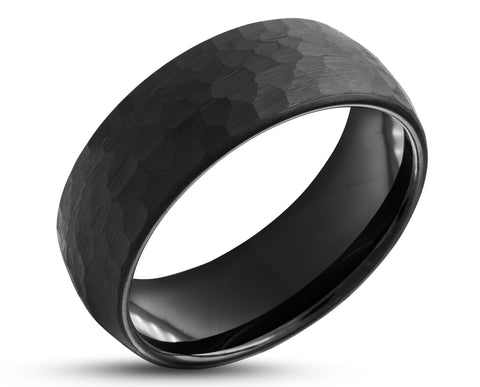 Black Tungsten Ring With Black Inlay - Hammered Finish | 8mm