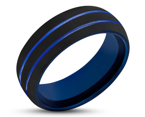 Black Tungsten Ring With Blue Inlay - Brushed With Dual Blue Stripes | 8mm