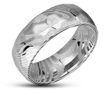Silver Damascus Steel Ring - Hammered Finish With Silver Inlay | 8mm