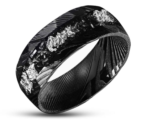 Black Damascus Ring – Hammered With Silver Leaf | 8mm | MADE TO ORDER