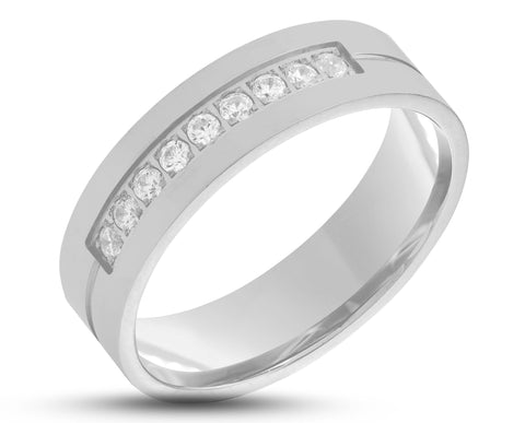 Silver Titanium Ring With Square Edge - With Cubic Zirconias | 6mm