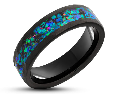Black Tungsten Ring With Opal - Hammered And Brushed Finish | 6mm