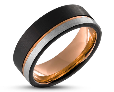 Black And Silver Tungsten Ring With Rose Gold Inlay - Brushed Finish | 8mm