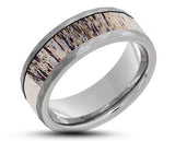 Silver Tungsten Ring With Deer Antler - Hammered And Brushed | 8mm