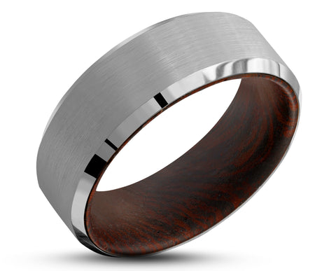 Silver Tungsten Ring With Koa Wood Inlay - Brushed Finish | 8mm