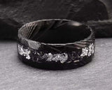 Black Damascus Ring – Hammered With Silver Leaf | 8mm | MADE TO ORDER