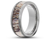 Silver Tungsten Ring With Deer Antler - Hammered And Brushed | 8mm