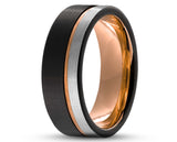 Black And Silver Tungsten Ring With Rose Gold Inlay - Brushed Finish | 8mm