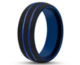 Black Tungsten Ring With Blue Inlay - Brushed With Dual Blue Stripes | 8mm