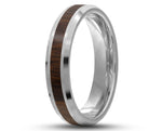 Silver Tungsten Ring With Koa Wood Stripe - Bevelled Edges | 4mm