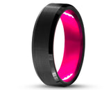 Black Tungsten Ring With Pink Inlay - Bevelled Edges | 8mm