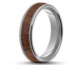 Silver Tungsten Ring With Koa Wood Stripe - Curved With Gloss Finish | 6mm