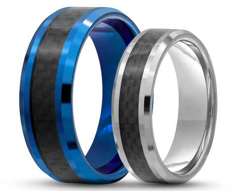 RING SET – Bevelled Tungsten With Carbon Fibre – MADE TO ORDER
