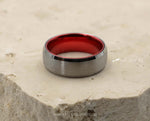 Silver Tungsten Ring With Red Inlay - Bevelled Gloss Edges | 8mm