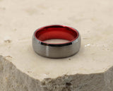 Silver Tungsten Ring With Red Inlay - Bevelled Gloss Edges | 8mm