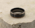 Black Tungsten Ring With Black Inlay - Rose Gold Stepped Edges | 8mm