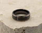 Black Tungsten Ring With Black Inlay - Rose Gold Stepped Edges | 8mm