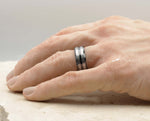 Black Tungsten Ring With Black Inlay - Dual Silver Brushed Stripes | 8mm