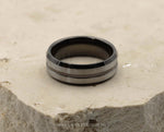 Black Tungsten Ring With Black Inlay - Dual Silver Brushed Stripes | 8mm