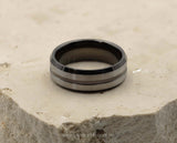 Black Tungsten Ring With Black Inlay - Dual Silver Brushed Stripes | 8mm