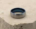 Silver Tungsten Ring With Blue Inlay - Curved Brushed Finish | 8mm