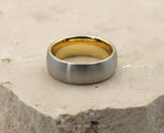 Silver Tungsten Ring With Gold Inlay - Curved Brushed Finish | 8mm