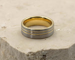 Silver Tungsten Ring With Gold Inlay - Brushed With Gold Stripes | 8mm