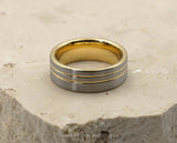Silver Tungsten Ring With Gold Inlay - Brushed With Gold Stripes | 8mm