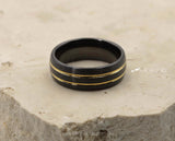 Black Tungsten Ring With Black Inlay - With Dual Gold Stripes | 8mm