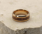 Rose Gold Tungsten Ring With Koa Wood Stripe - Bevelled Edges | 8mm