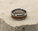Silver Tungsten Ring With Koa Wood Stripe - Bevelled Edges | 8mm