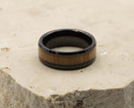 Black Tungsten Ring With Koa Wood Stripe - Bevelled Edges | 8mm
