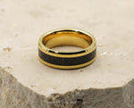 Gold Tungsten Ring With Carbon Fibre Stripe - Bevelled Edges | 8mm