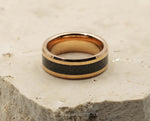 Rose Gold Tungsten Ring With Carbon Fibre - Bevelled Edges | 8mm
