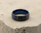 Black Tungsten Ring With Blue Inlay - Brushed With Dual Blue Stripes | 8mm